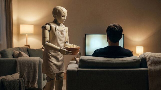 Humanoid robot wearing apron holding popcorn bowl.
