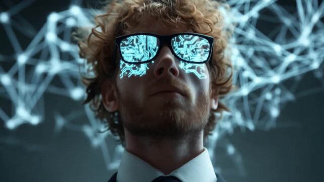 Mind's Eye: A man wearing glasses, reflecting digital networks, against an abstract background of interconnected data points. Illustrating the intersection of human intellect and digital realm