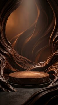 Product display podium background with abstract brown wavy shapes, cinematic lighting, Generative AI.