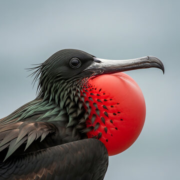 Close-up of a Male Magnificent Frigatebird Displaying its Vibrant Red Gular Pouch Against a Soft Sky