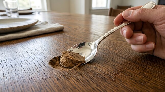 A silver spoon carves a soft, fiberous scoop from a solid wooden table, a surreal metaphor for the effortless consumption of natural resources and the fragility of our material world.