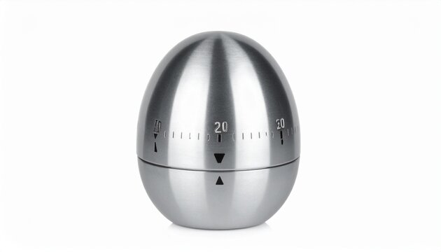 A sleek stainless steel egg‑shaped kitchen timer with engraved minute markings and triangular indicators, placed on a white background, minimalist design, reflective surface, modern culinary tool.