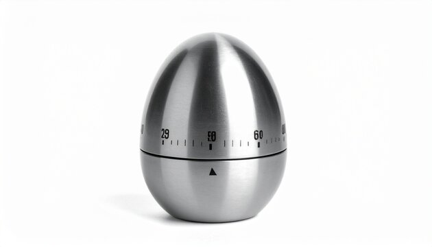 A sleek stainless steel egg‑shaped kitchen timer with engraved minute markings and triangular indicators, placed on a white background, minimalist design, reflective surface, modern culinary tool.