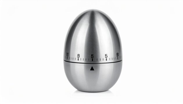 A sleek stainless steel egg‑shaped kitchen timer with engraved minute markings and triangular indicators, placed on a white background, minimalist design, reflective surface, modern culinary tool.