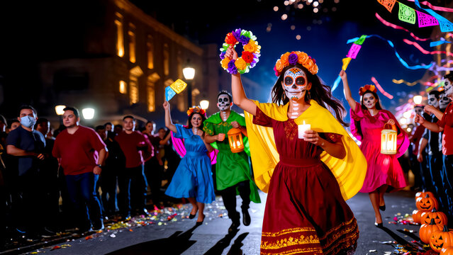 Group of people in Catrina face paint and colorful costumes dancing during Day of the Dead parade at night. Holding candles and flower wreaths with festive pumpkins. Cinematic Mexican tradition.