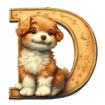 fluffy brown and white puppy sitting inside a carved wooden letter d, looking cheerful and curious