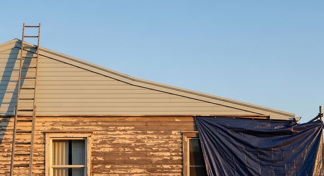 Fixer upper house exterior showing old wood siding with peeling paint and a ladder against the new roof during a residential home renovation project