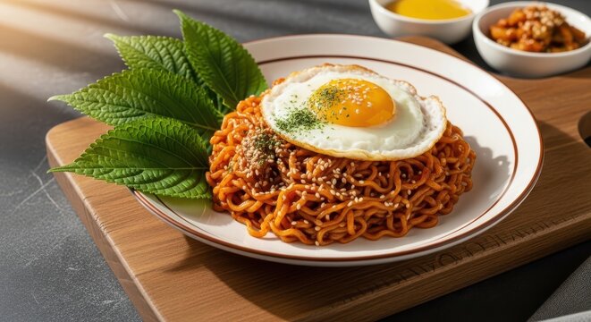 Spicy korean fried noodles with fried egg, sesame seeds, and perilla leaves on a wooden board