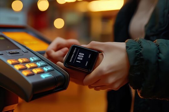 Person tapping a smartwatch to a card reader for contactless payment, warm bokeh lights and a cozy evening shopping atmosphere conveying convenience and modern ease