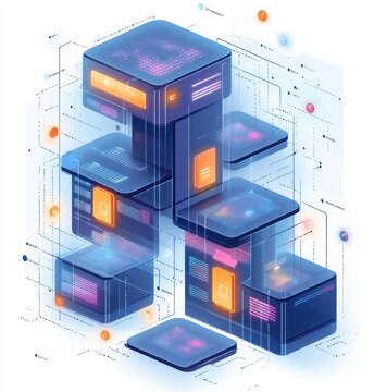 futuristic glowing stacked server blocks connected by circuit lines with floating data nodes and holographic panels conveying a dynamic efficient digital network