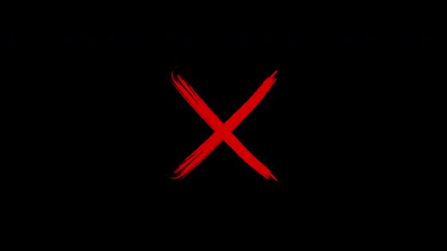 Hand-drawn red x mark animation on transparent background, grunge brush stroke cross symbol. 4k video