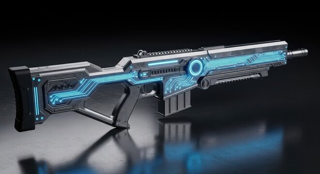 A sleek, high-tech energy rifle with glowing neon blue circuits and a metallic finish, resting on a dark reflective industrial surface, mechanical, electronic, light