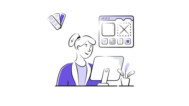 Beautifully designed hand drawn animated illustration of a web designer working on a website layout.