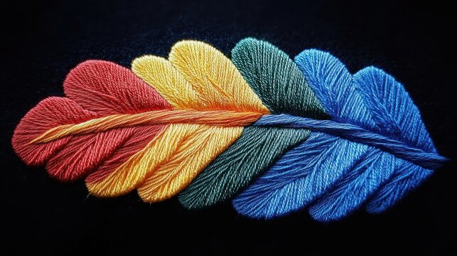 vibrant rainbow embroidered feather on black fabric, detailed satin stitch texture, handcrafted and joyful