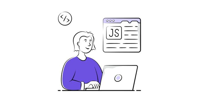 A stylized animated illustration of a woman happily coding JavaScript on a laptop.