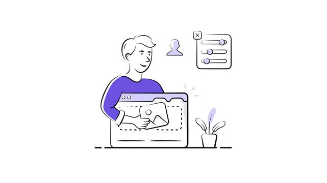 Hand drawn style animated illustration of a web designer working at a computer.