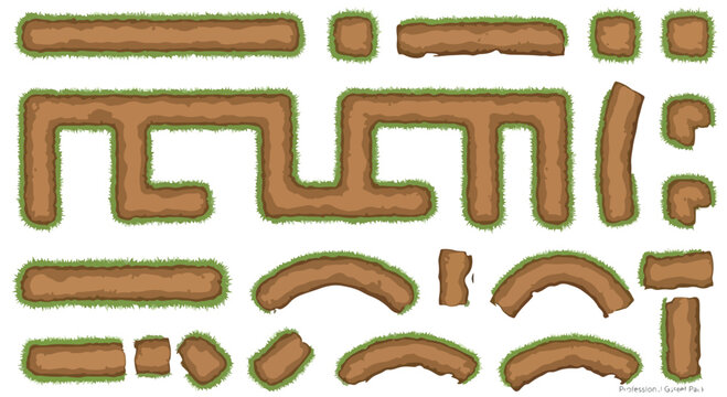 Top-down game map tileset, brown dirt path with green grass borders, modular road construction kit for 2D level design and gaming environments