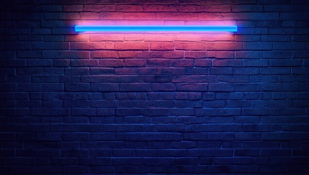 single horizontal neon tube glowing blue and pink above a dark textured brick wall, moody futuristic and atmospheric scene