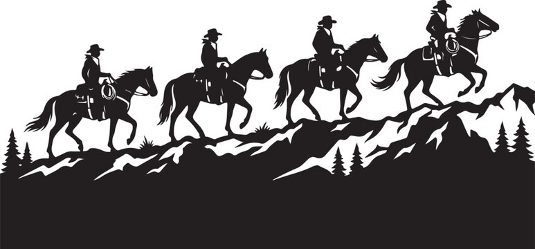 Black silhouette cowboys riding horses, mountain landscape vector, western icons, equestrian graphics