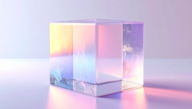 Transparent iridescent glass cube with pastel gradients of pink, purple, blue and orange light on reflective surface, modern digital art concept for 3D rendering and design visuals