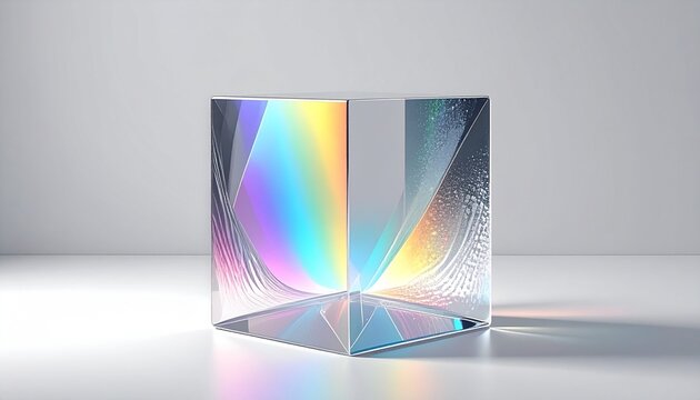 Transparent glass cube refracting light into vivid rainbow spectrum on smooth surface, modern optical dispersion concept for digital art, design and photography visuals
