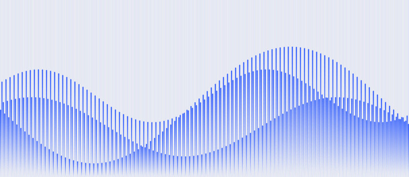 Blue vertical rounded bar strokes of varying heights creating an illusion of three intersecting sinusoidal waves across the full frame on light gray background, minimal vector art.