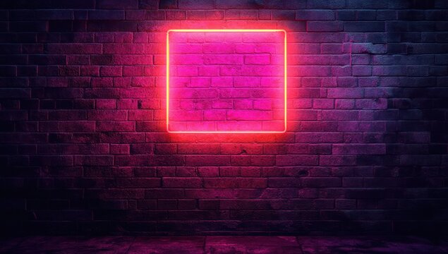 moody urban brick wall with glowing neon pink square frame casting purple light and reflections on concrete floor