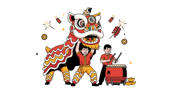 Vibrant illustration of a traditional Chinese New Year lion dance performance with drummers, firecrackers, and gold ingots, celebrating cultural festivities.