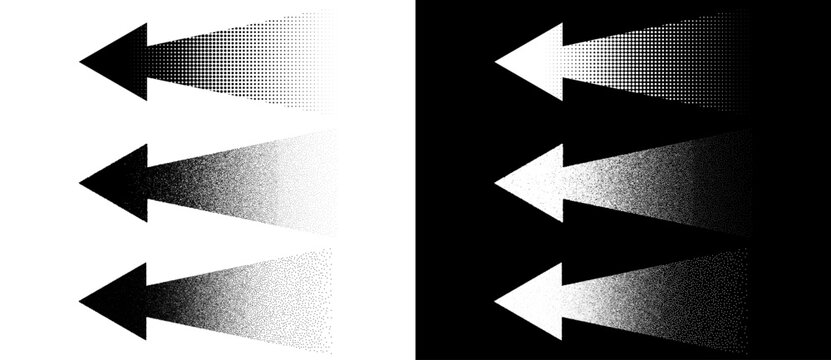 Three left-pointing arrows with solid heads and stipple halftone dissolving tails in three shape variations on white and black backgrounds, monochrome vector icon set.