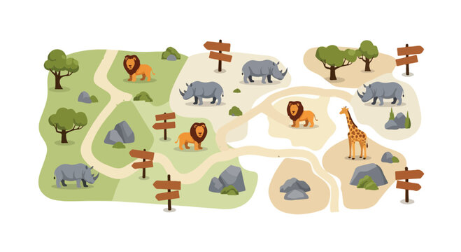 Safari park map vector illustration, wild african animals in zoo landscape, lions rhinoceros and giraffe with wooden signposts and nature path