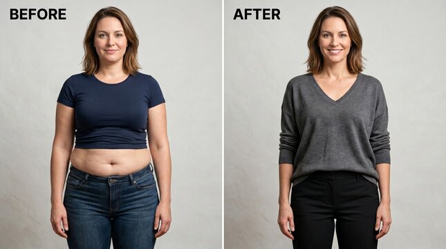 Woman shows change in body shape before and after a fitness program over a period of time