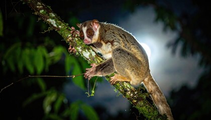 Fototapeta premium Small grey slender loris with large golden eyes and thin limbs clings to a mossy tree branch in the dark tropical rainforest under bright moonlight during a cinematic night wildlife excursion.