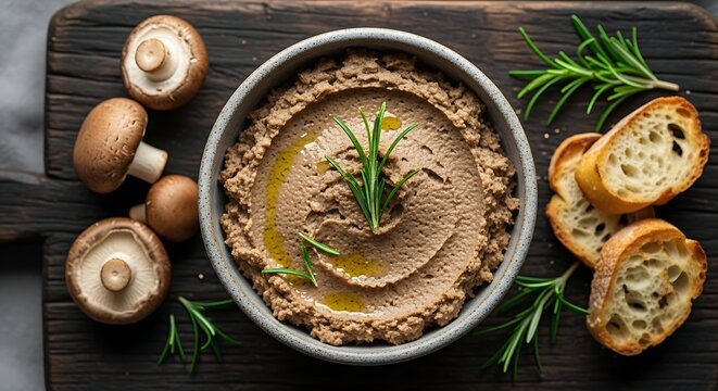 A bowl of savory mushroom pate garnished with fresh rosemary and olive oil served alongside toasted bread slices and mushrooms
