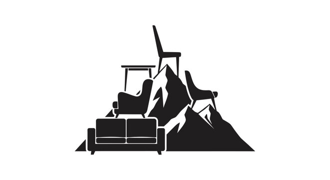 Furniture items placed atop mountain silhouettes represent a conceptual approach to home styling.