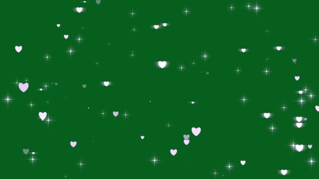 Blinking glitter heart shape particles, white glittering particle, magical love shape lights on green screen background. romantic love trail motion, glow shimmer effect wedding valentine. 4k animated