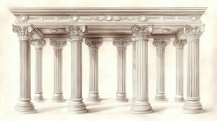 Obraz premium sepia pencil sketch of an ornate colonnade with corinthian columns and entablature, evoking serene classical grandeur
