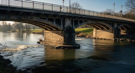 Fototapeta premium Historic Stone Bridge Spanning a Flowing River at Golden Hour.