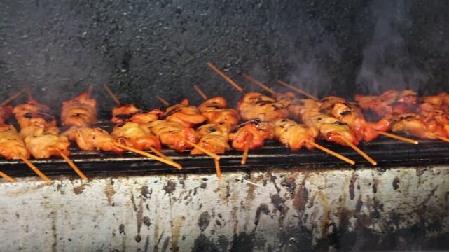 Close-up of a street food vendor grilling rows of seasoned chicken skewers over a hot flame.
