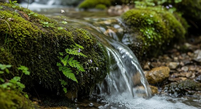 Clear water flowing over mossy rocks