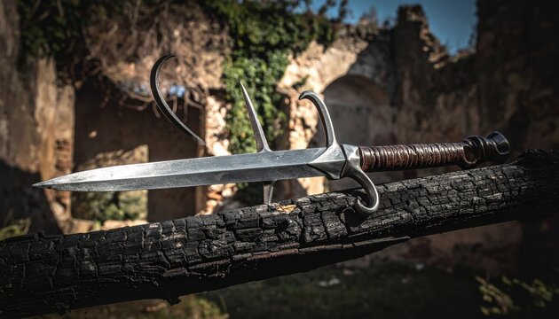 Sharpened iron blade of a halberd with hook and spike resting on a charred wooden beam in stone ruins, featuring a cinematic widescreen composition for historical or fantasy background projects.