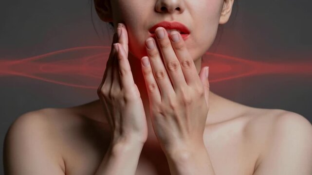 Woman Suffering from Sore Throat and Neck Inflammation with Red Glowing Pulse Wave Animation