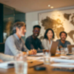 Fototapeta premium Blurred Diverse team collaborating in modern office space with laptops
