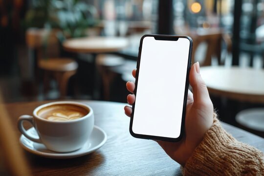 hand in cozy sweater holding a smartphone with blank white screen beside a cup of latte with heart latte art on a wooden table in a warm relaxed cafe setting