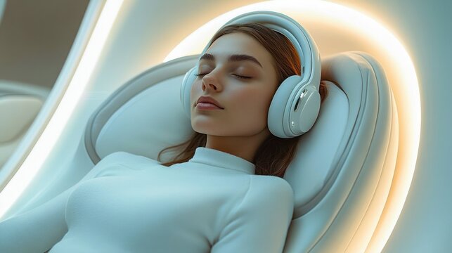Person reclining in a futuristic white pod chair wearing large over-ear headphones, serene and relaxed mood with warm halo lighting