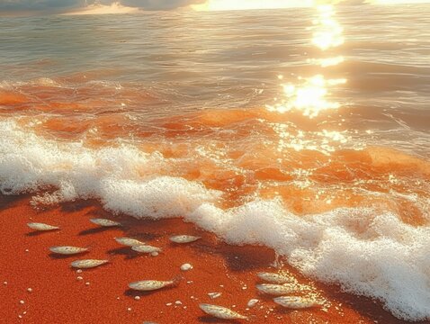 small silver fish scattered on a red sandy shore as foamy waves wash in under a golden sunset, serene and melancholic ocean scene