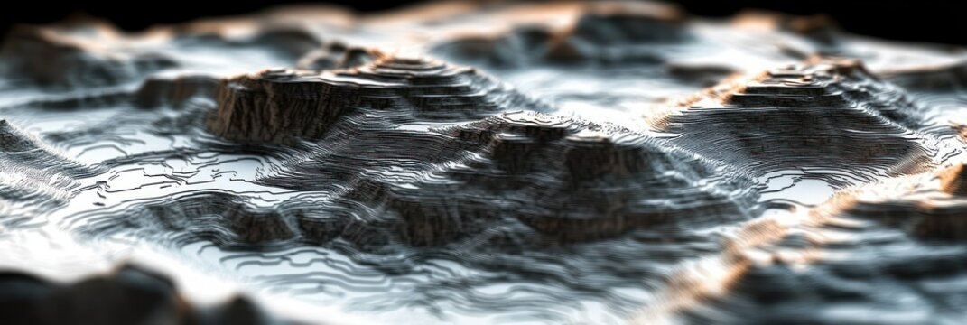Layered contour terrain model with terraced plateaus, carved ridges and warm rim lighting evoking calm mystery