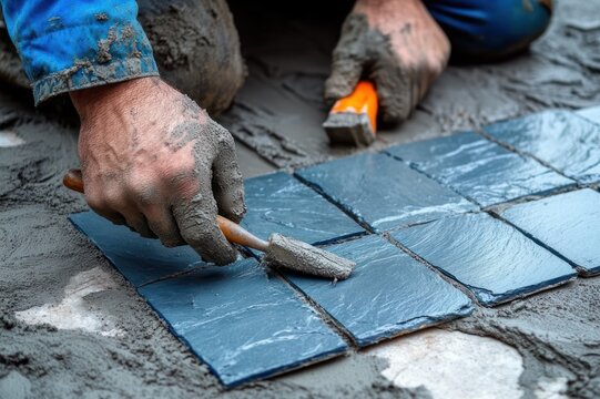 close-up of dirty gloved hands carefully applying mortar and setting dark slate square tiles with a trowel and orange-handled tool, focused hands-on craftsmanship