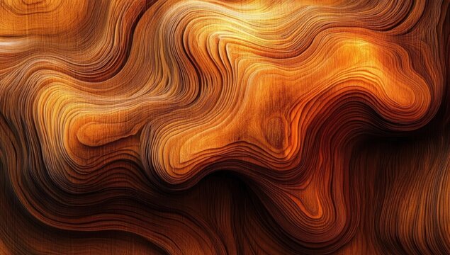 Warm layered wood grain abstract with flowing organic contours and glowing amber tones conveying calm, depth and mesmerizing movement