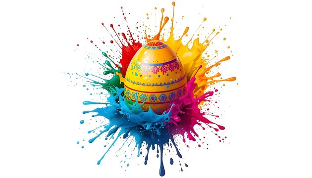 Decorated Easter egg with vibrant paint splash explosion isolated on white background creative holiday art illustration design