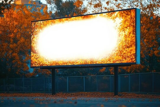Glowing empty billboard on metal posts surrounded by orange autumn trees and fallen leaves, a surreal warm evening scene evoking quiet solitude